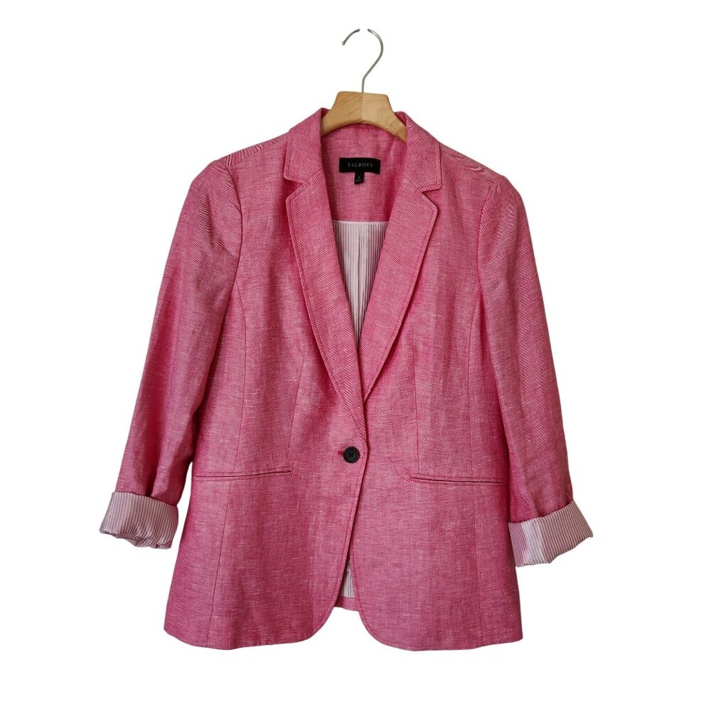 Talbots Pink Linen Blazer Jacket Single Button Lightweight Summer Office Work - Picture 1 of 10